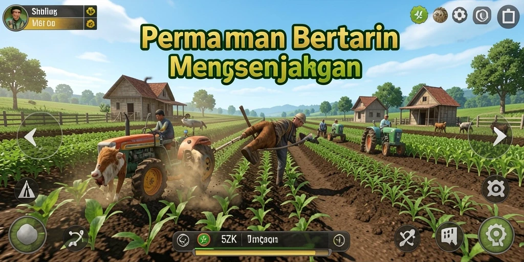 Tampilan gameplay 5ZK dengan ladang dan hewan ternak.