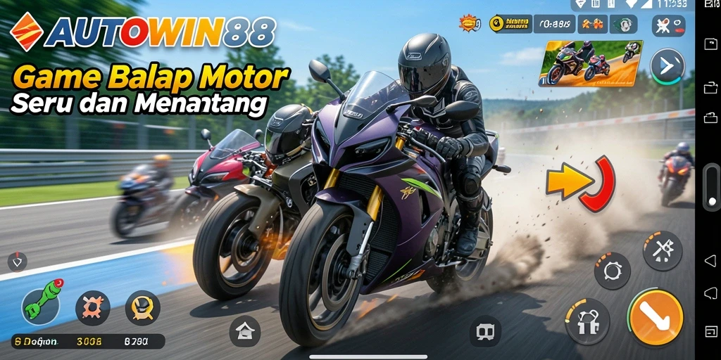 Gameplay AUTOWIN88 dengan berbagai motor balap yang keren.