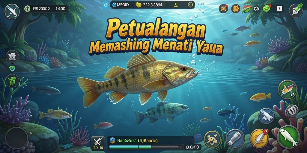 Screenshot gameplay MPOID menunjukkan pemain menangkap ikan di danau yang indah.