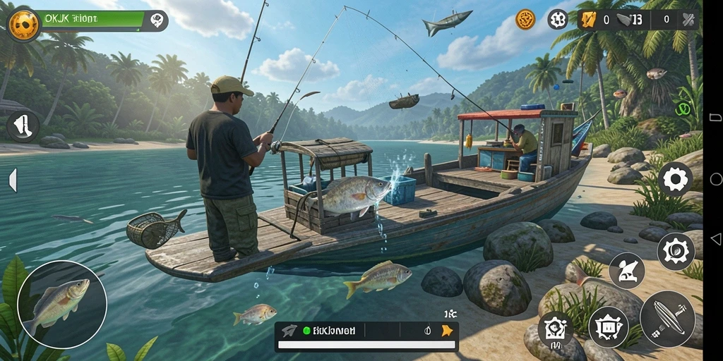 Gameplay menarik OKJK menampilkan aktivitas memancing yang seru dan interaktif.