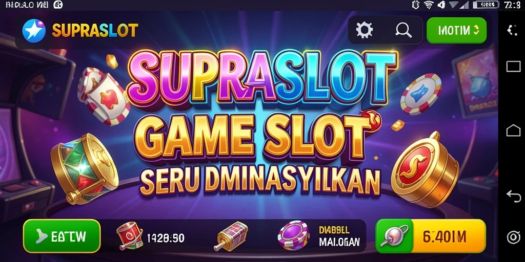 Tampilan gameplay SUPRASLOT dengan gulungan berputar dan simbol yang menarik.